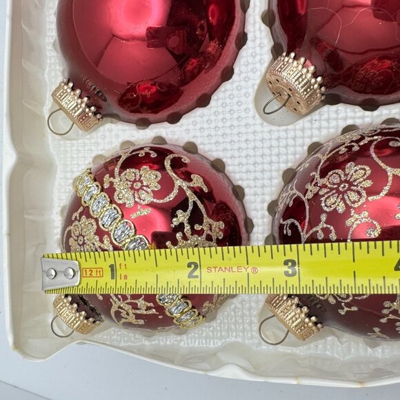 Krebs Glass Victorian Christmas Ornament Set Of 6 Red Gold Glitter Vtg 2.5" - Picture 3 of 12